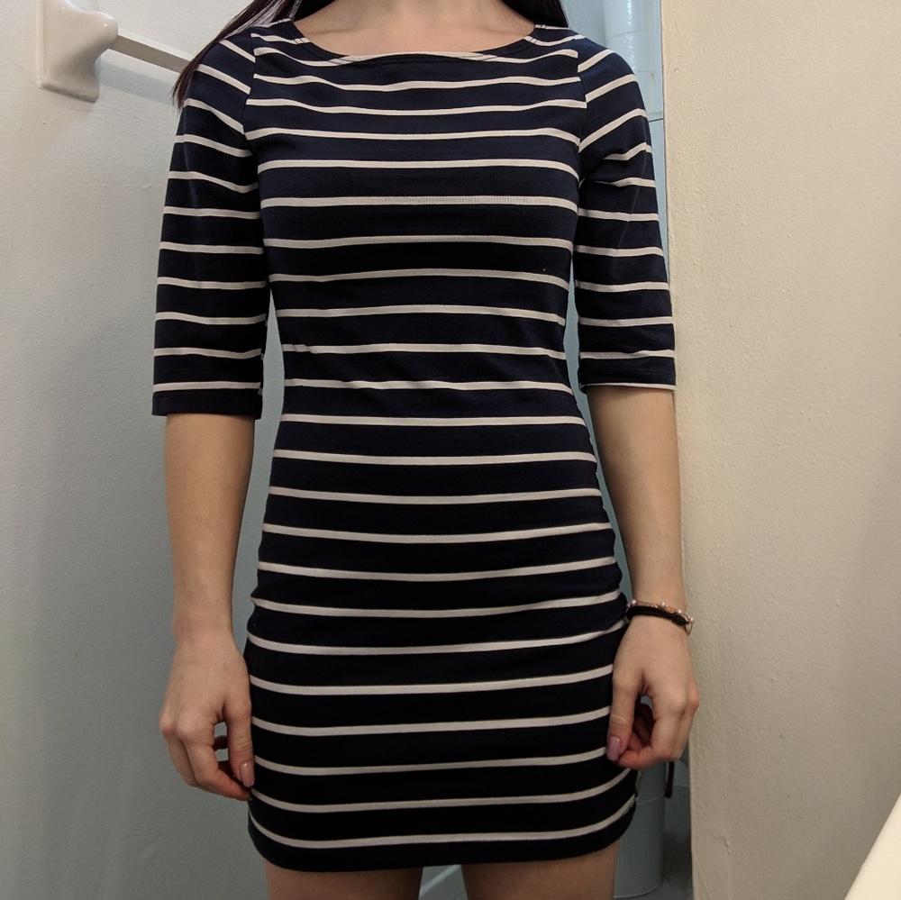Navy blue and white striped fitted dress
